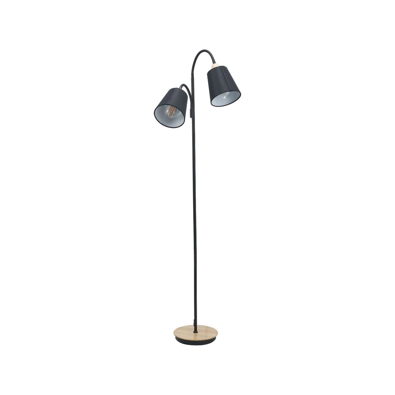 Black metal floor lamp with twin adjustable tapered linen shades and natural wood and metal base – modern double head standing light 160x56x24cm | Click Style
