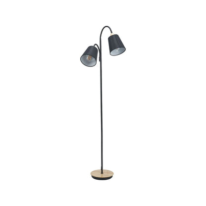 Black metal floor lamp with twin adjustable tapered linen shades and natural wood and metal base – modern double head standing light 160x56x24cm | Click Style