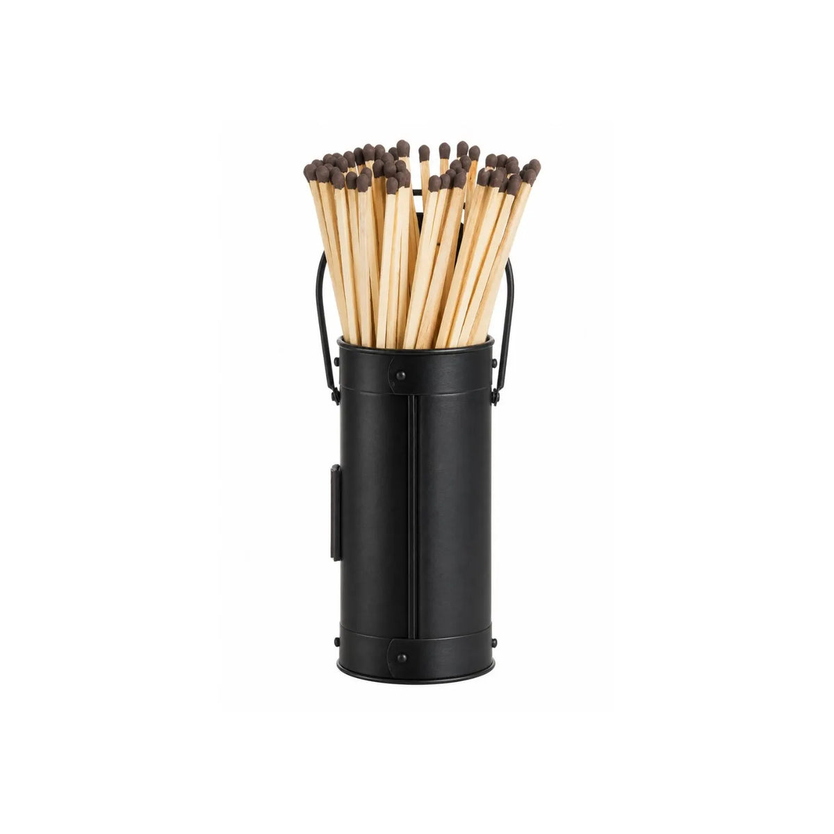 Black Metal Matchstick Holder with 60 Long Matches & Built-In Striker – Decorative Fireside Match Holder 24x7x7cm Rear View Showing Carry Handle | Click Style