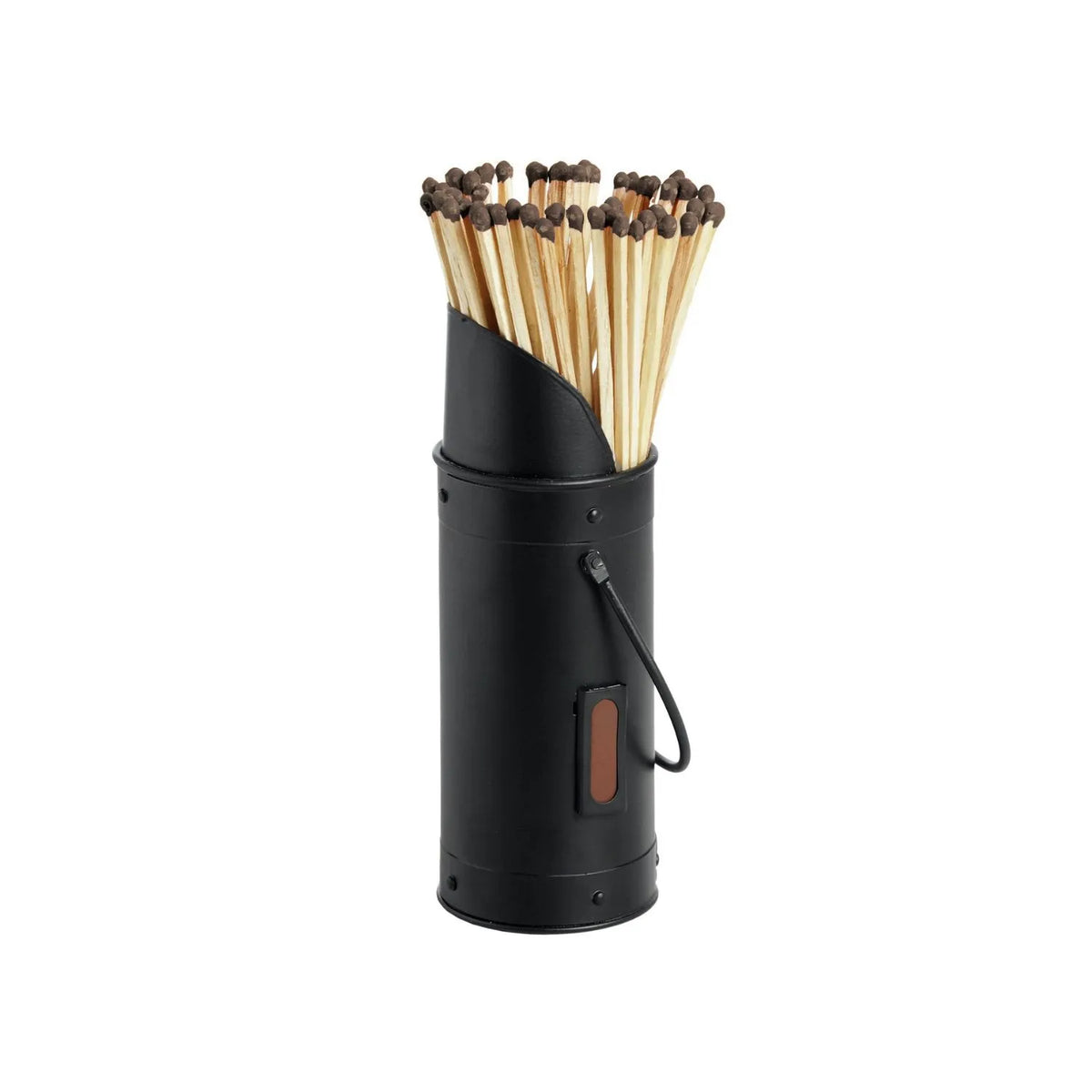Black Metal Matchstick Holder with 60 Long Matches & Built-In Striker – Decorative Fireside Match Holder 24x7x7cm Front View | Click Style