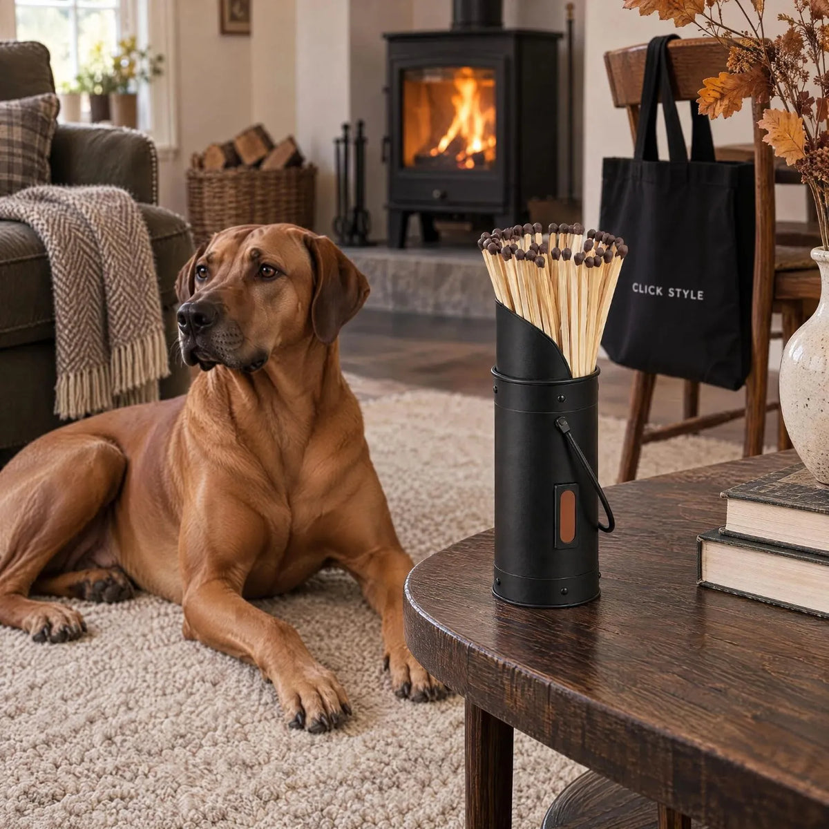 Black Metal Matchstick Holder with 60 Long Matches & Built-In Striker – Decorative Fireside Match Holder 24x7x7cm with Rhodesian Ridgeback & Click Style Tote | Click Style