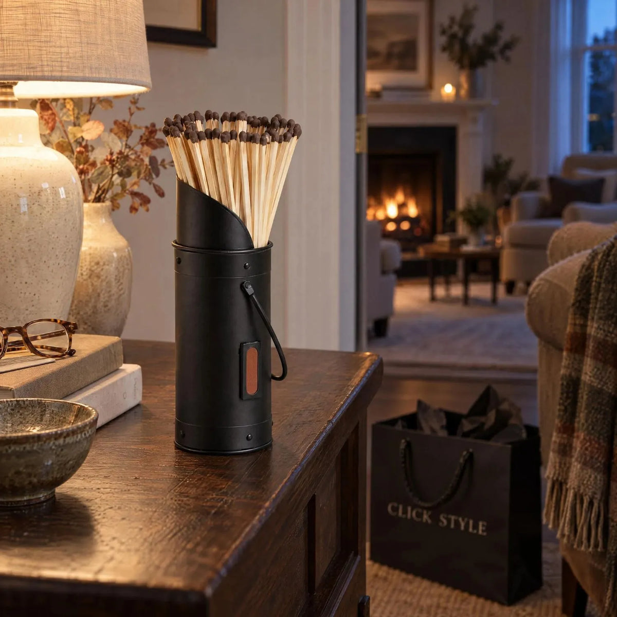 Black Metal Matchstick Holder with 60 Long Matches & Built-In Striker – Decorative Fireside Match Holder 24x7x7cm Styled in Evening Reading Corner | Click Style