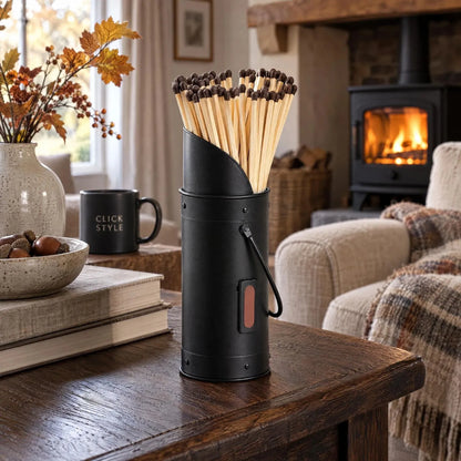 Black Metal Matchstick Holder with 60 Long Matches & Built-In Striker – Decorative Fireside Match Holder 24x7x7cm Styled in Autumn Living Room | Click Style
