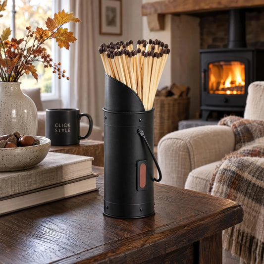 Black Metal Matchstick Holder with 60 Long Matches & Built-In Striker – Decorative Fireside Match Holder 24x7x7cm Styled in Autumn Living Room | Click Style