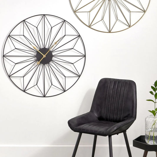 Black Metal Round Sunburst Skeleton Wall Clock with Gold Hands & Geometric Design 76x76x5cm - Click Style