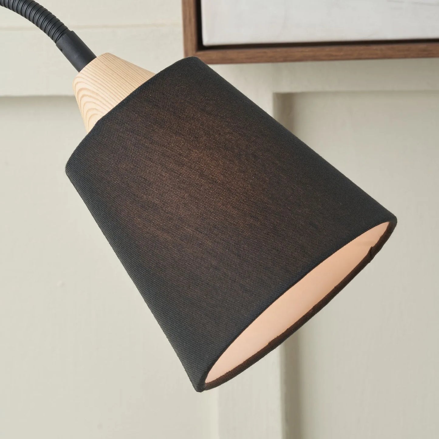 Black Metal Table Lamp with Adjustable Tapered Linen Shade & Natural Wood Base – Modern Bedside Desk & Reading Light 50x17x40cm | Click Style