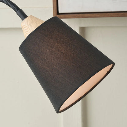 Black Metal Table Lamp with Adjustable Tapered Linen Shade & Natural Wood Base – Modern Bedside Desk & Reading Light 50x17x40cm | Click Style