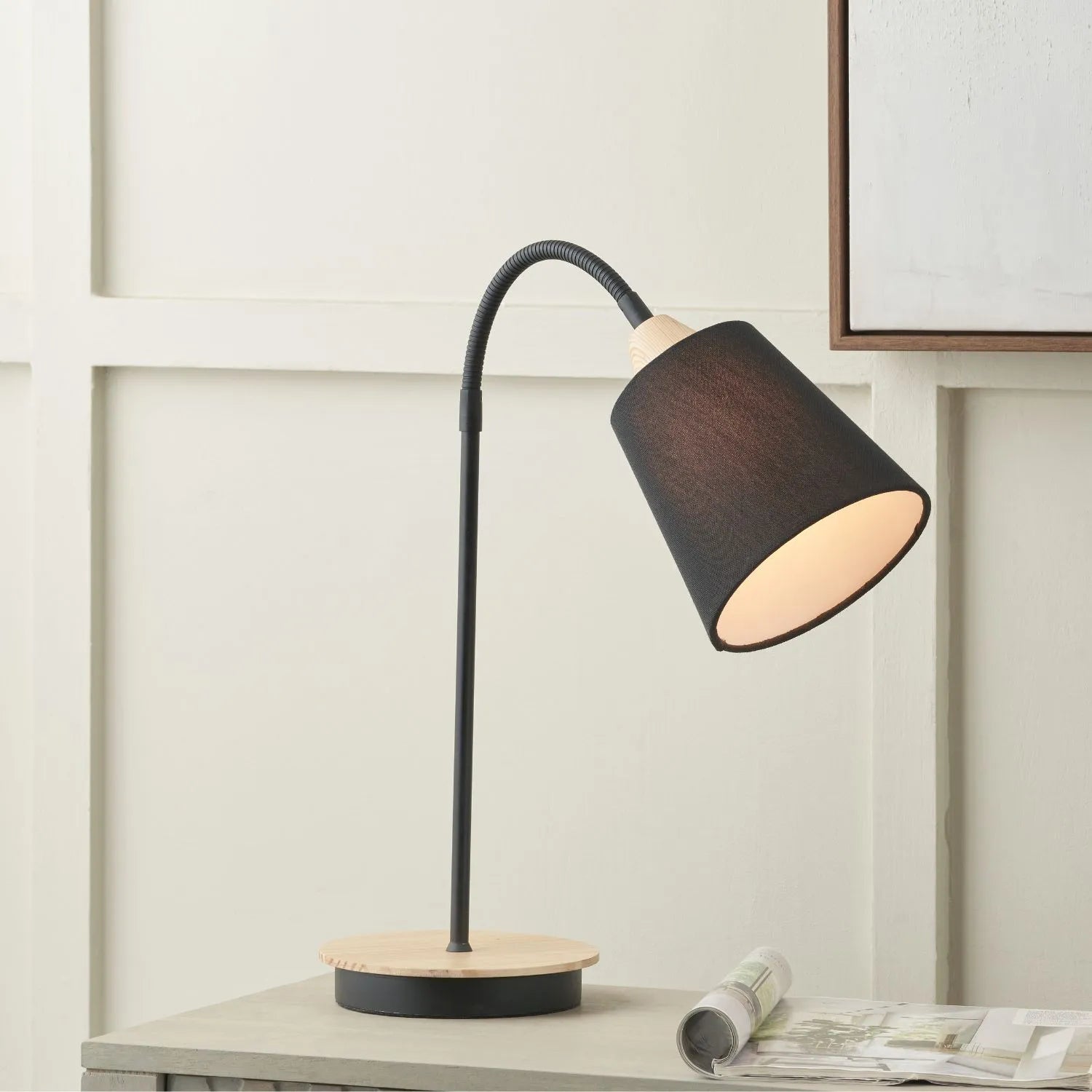Black Metal Table Lamp with Adjustable Tapered Linen Shade & Natural Wood Base – Modern Bedside Desk & Reading Light 50x17x40cm | Click Style
