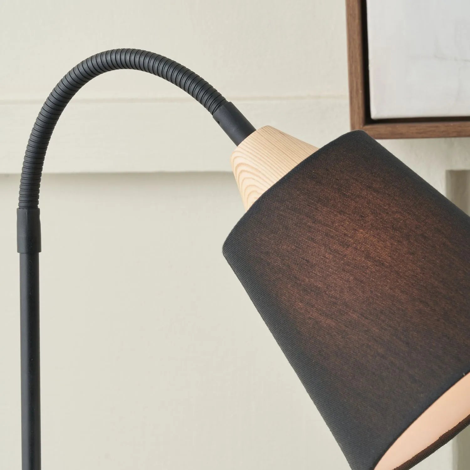 Black Metal Table Lamp with Adjustable Tapered Linen Shade & Natural Wood Base – Modern Bedside Desk & Reading Light 50x17x40cm | Click Style