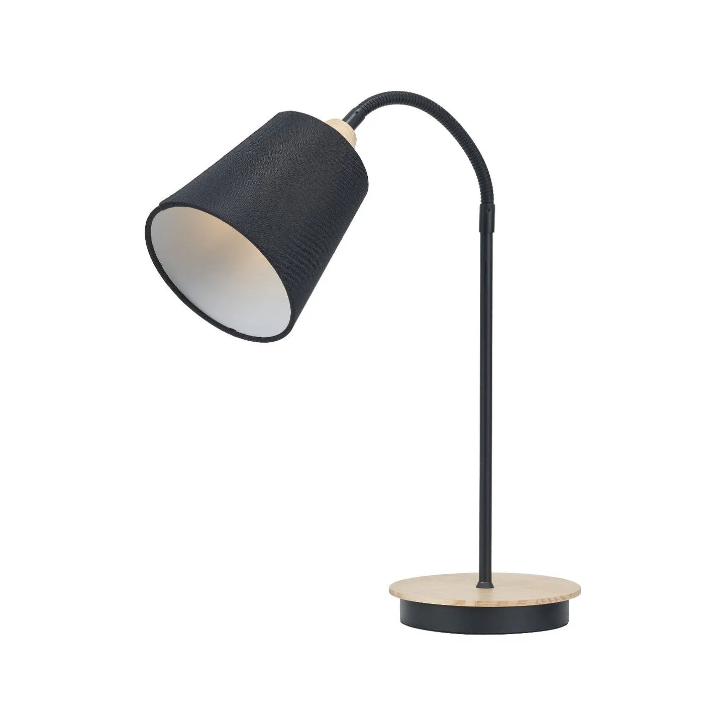 Black Metal Table Lamp with Adjustable Tapered Linen Shade & Natural Wood Base – Modern Bedside Desk & Reading Light 50x17x40cm | Click Style