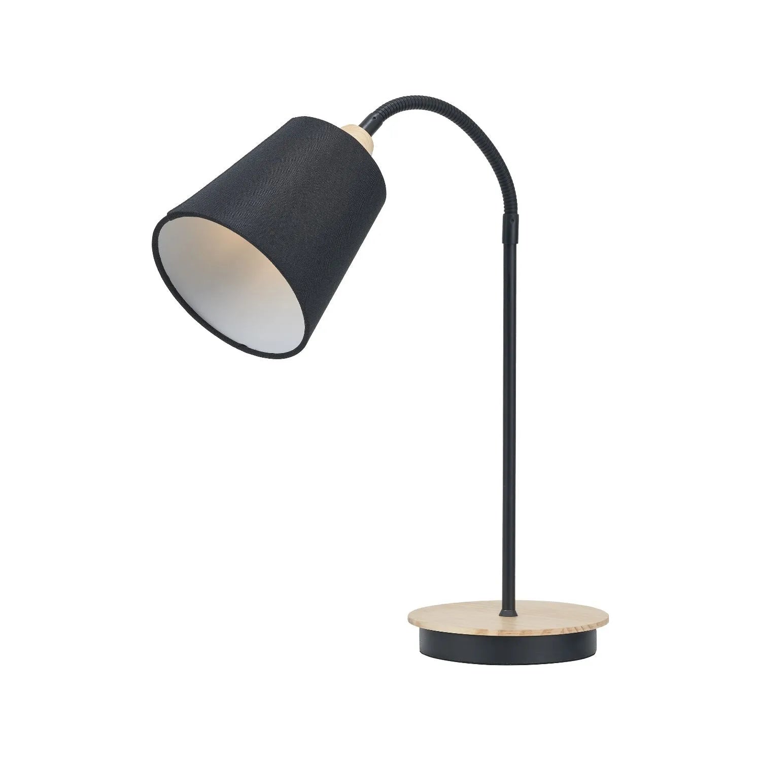 Black Metal Table Lamp with Adjustable Tapered Linen Shade & Natural Wood Base – Modern Bedside Desk & Reading Light 50x17x40cm | Click Style