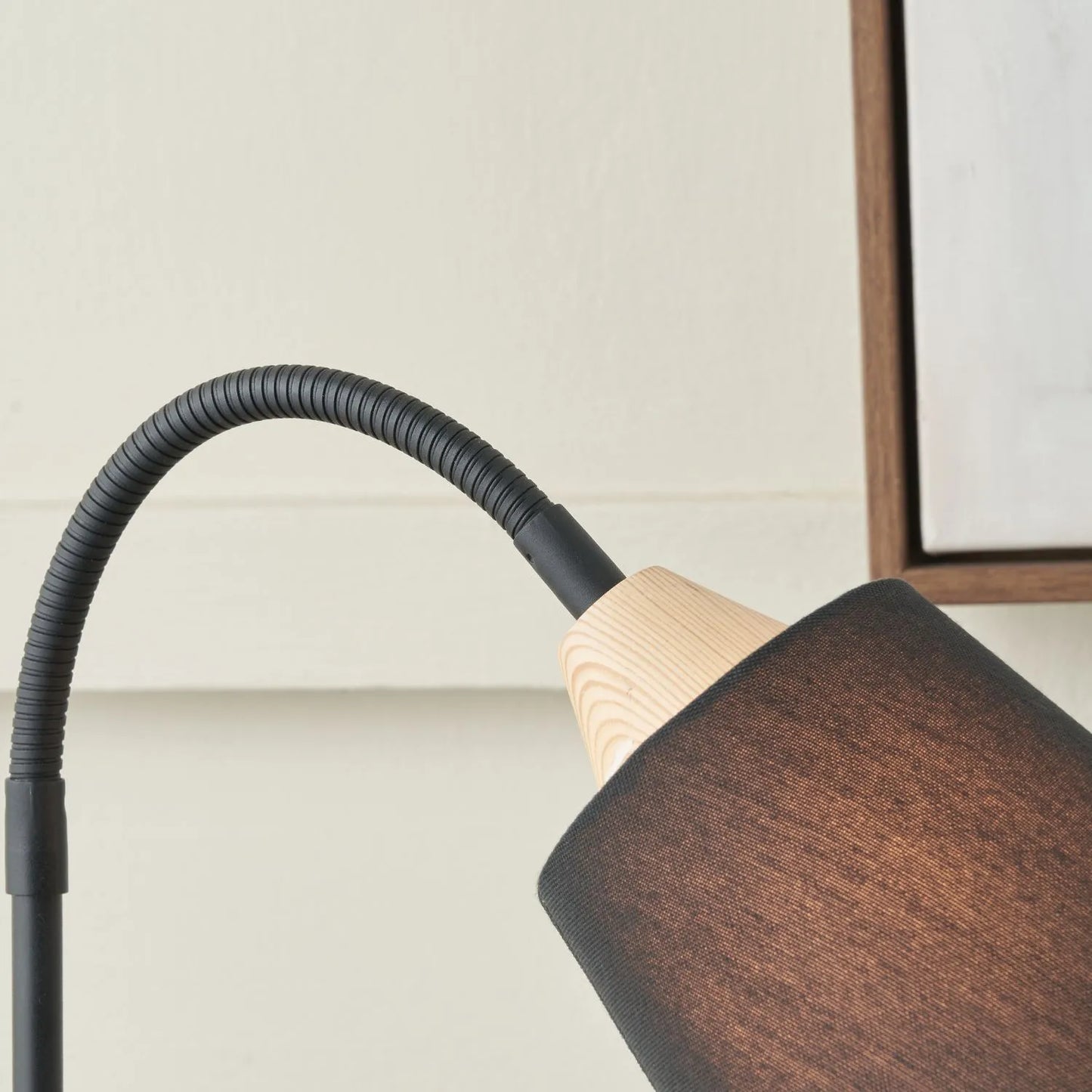 Black Metal Table Lamp with Adjustable Tapered Linen Shade & Natural Wood Base – Modern Bedside Desk & Reading Light 50x17x40cm | Click Style