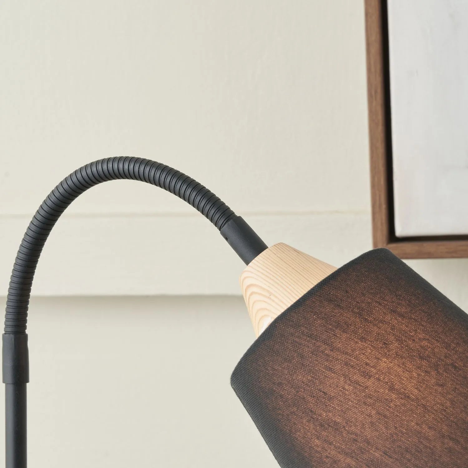 Black Metal Table Lamp with Adjustable Tapered Linen Shade & Natural Wood Base – Modern Bedside Desk & Reading Light 50x17x40cm | Click Style