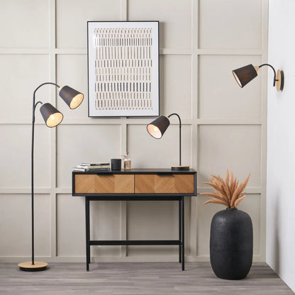 Black Metal Table Lamp with Adjustable Tapered Linen Shade & Natural Wood Base – Modern Bedside Desk & Reading Light 50x17x40cm | Click Style