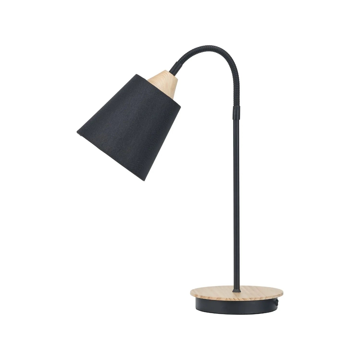 Black Metal Table Lamp with Adjustable Tapered Linen Shade & Natural Wood Base – Modern Bedside Desk & Reading Light 50x17x40cm | Click Style