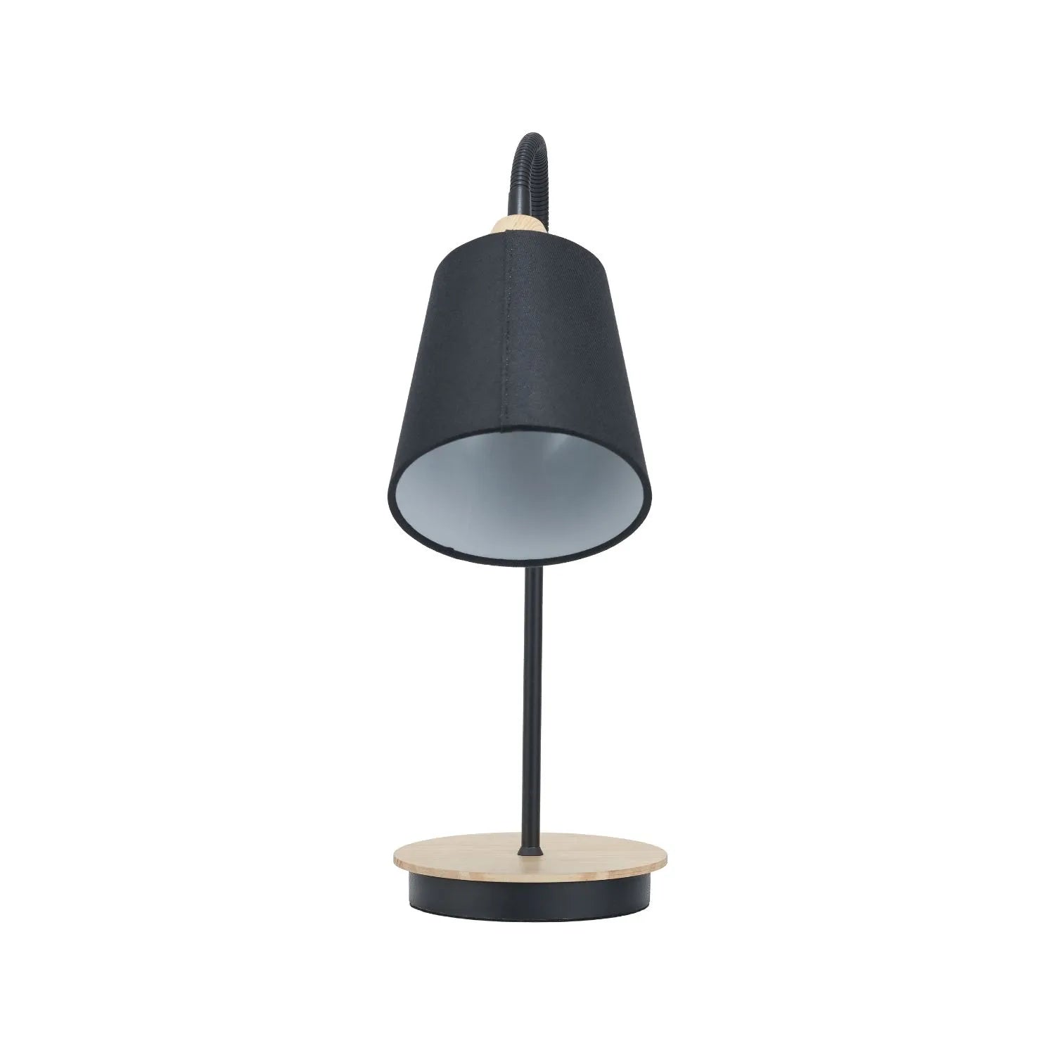 Black Metal Table Lamp with Adjustable Tapered Linen Shade & Natural Wood Base – Modern Bedside Desk & Reading Light 50x17x40cm | Click Style