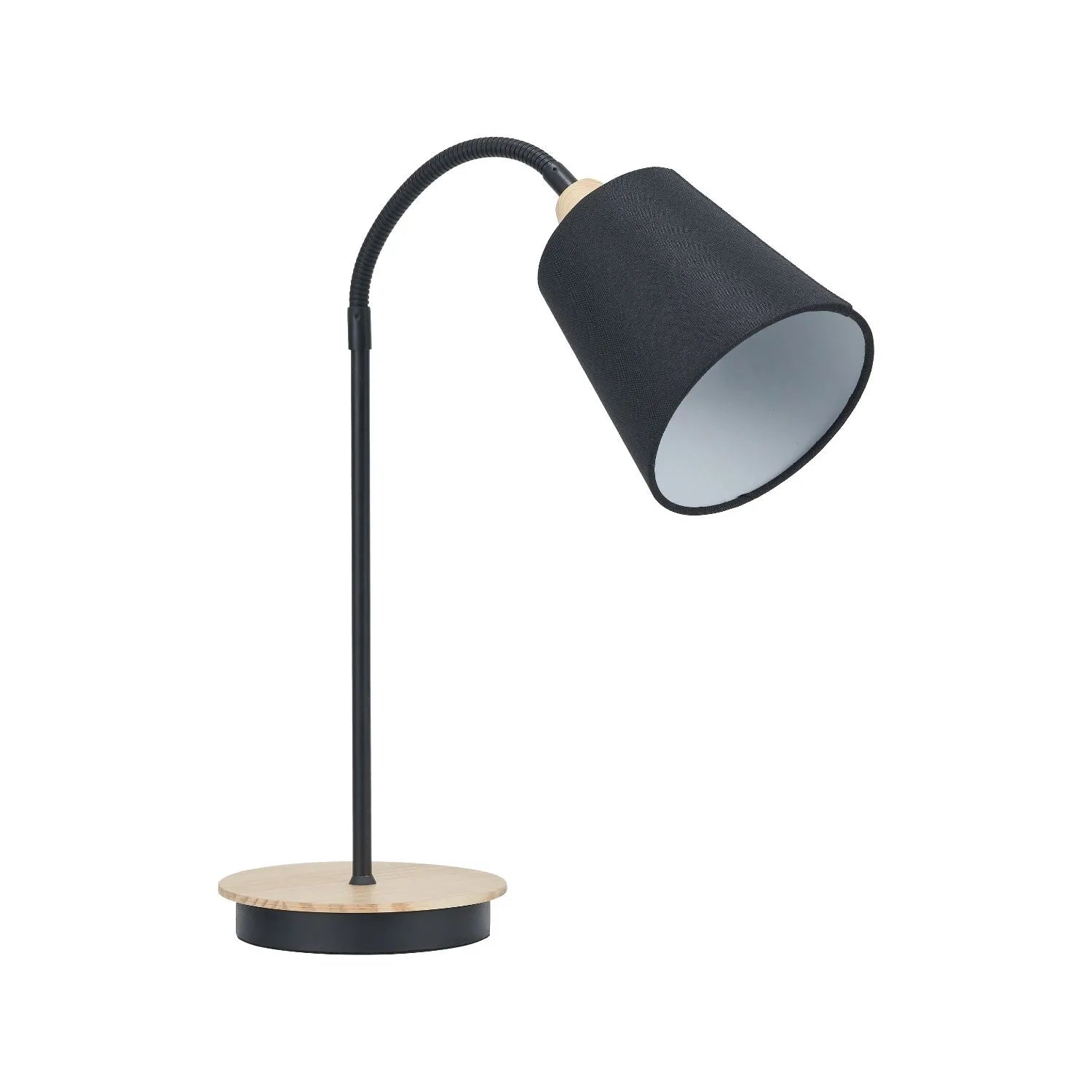 Black Metal Table Lamp with Adjustable Tapered Linen Shade & Natural Wood Base – Modern Bedside Desk & Reading Light 50x17x40cm | Click Style