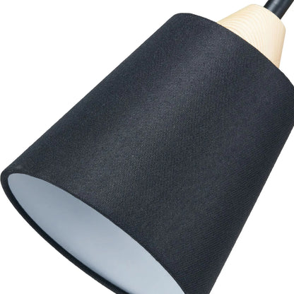 Black metal wall light with adjustable tapered linen shade and natural wood plate – modern bedside reading light | Click Style