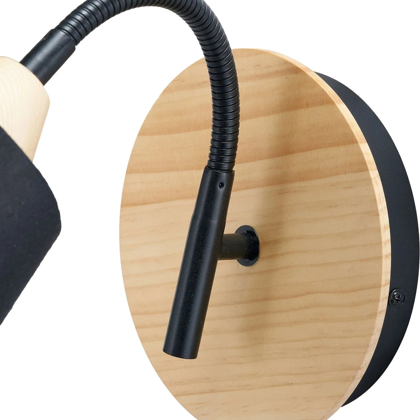 Black metal wall light with adjustable tapered linen shade and natural wood plate – modern bedside reading light | Click Style