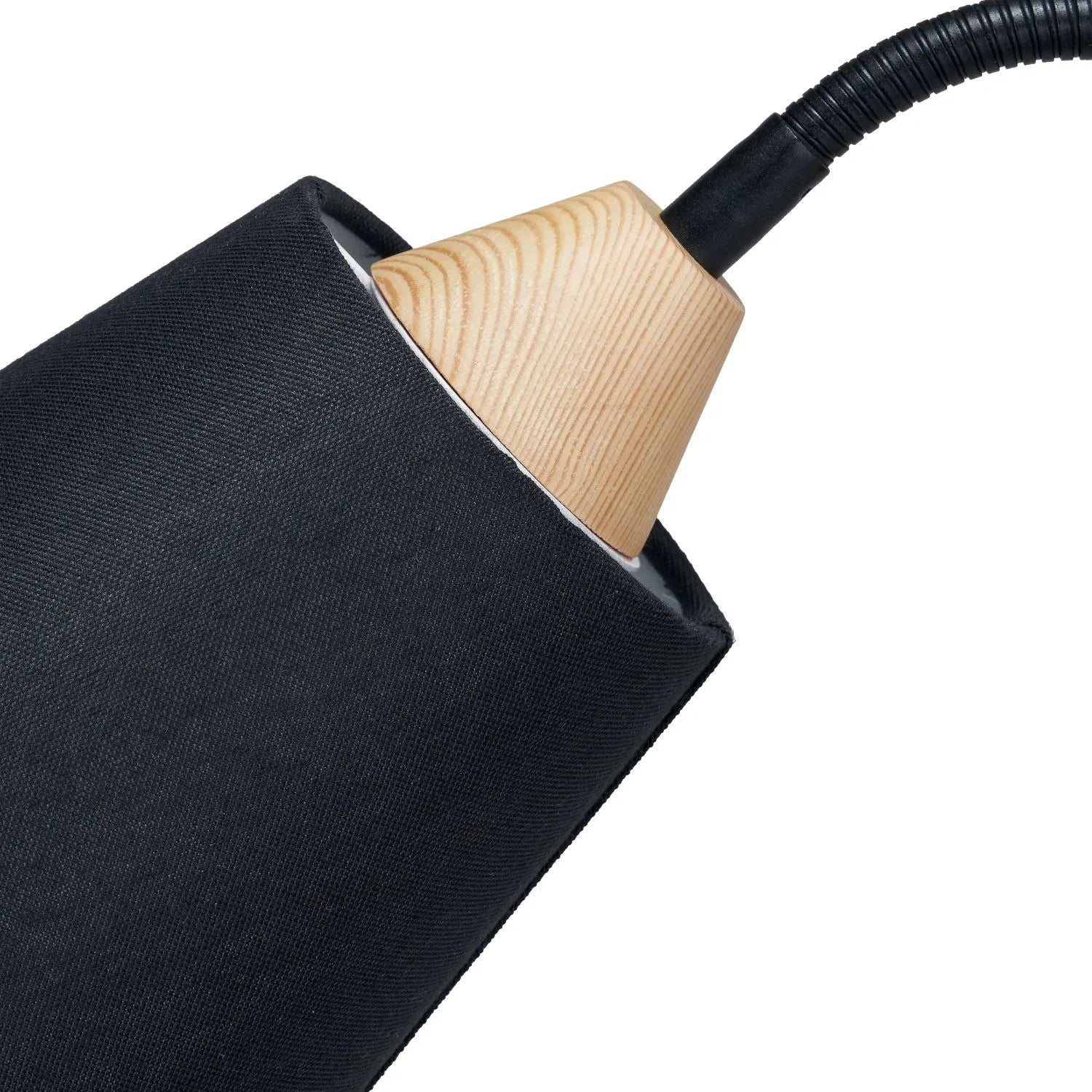 Black Metal Wall Light with Adjustable Tapered Linen Shade & Natural Wood Plate – Modern Bedside Reading & Task Lighting 22x35x17cm