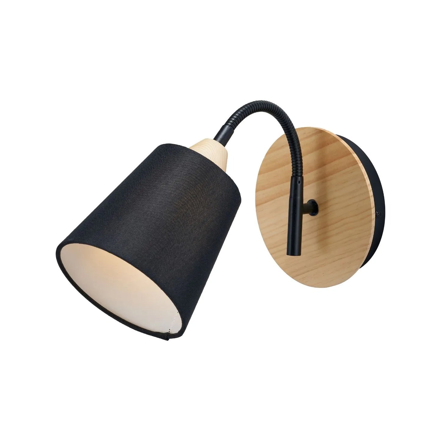 Black metal wall light with adjustable tapered linen shade and natural wood plate – modern bedside reading light | Click Style