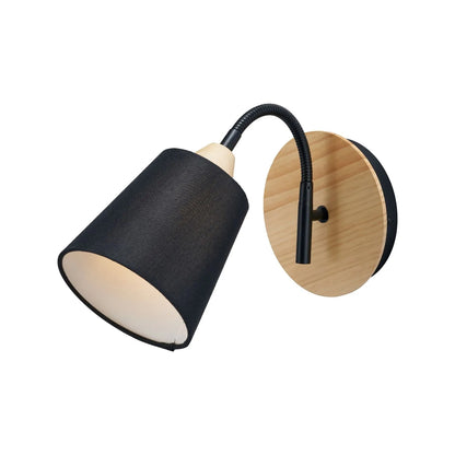 Black metal wall light with adjustable tapered linen shade and natural wood plate – modern bedside reading light | Click Style