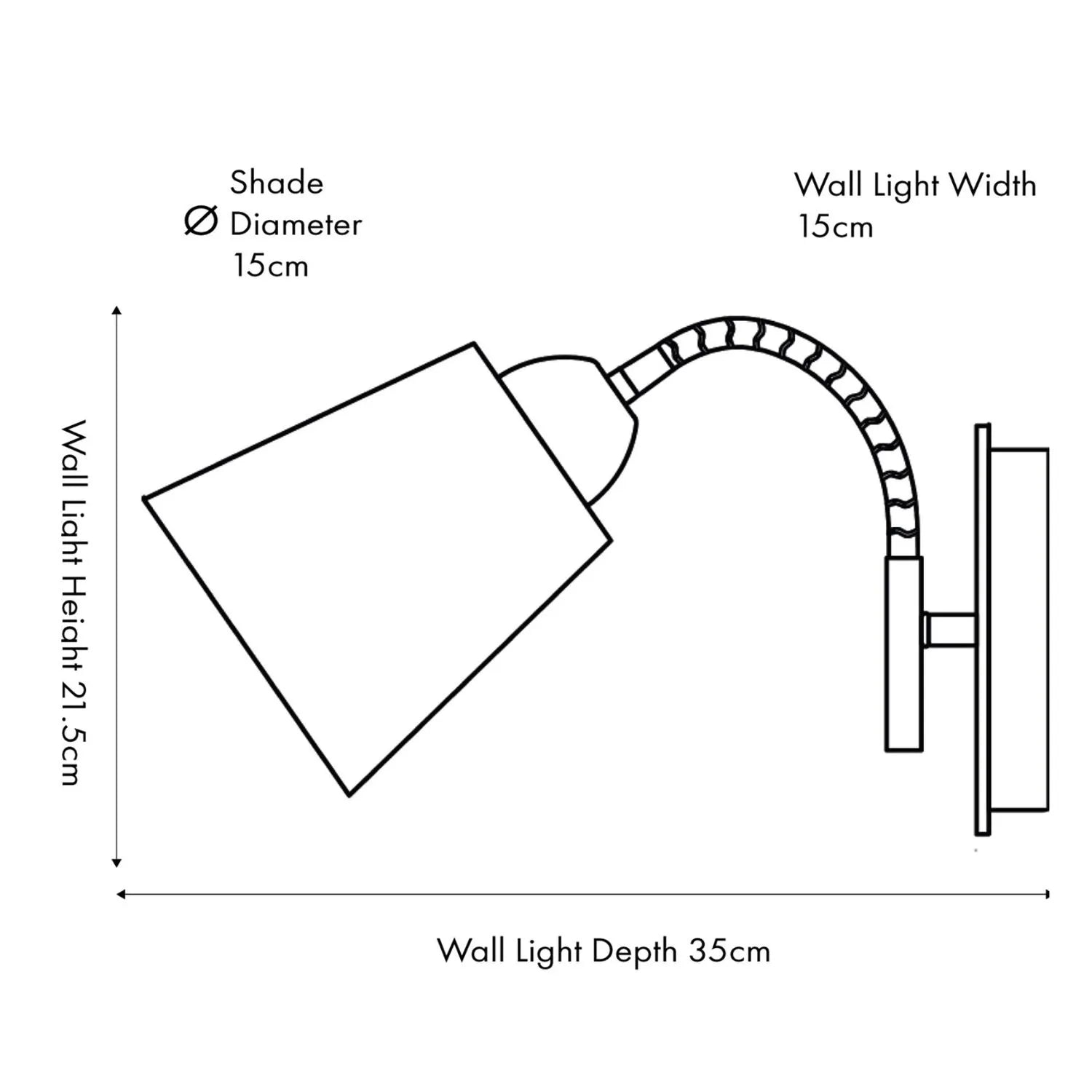 Black metal wall light with adjustable tapered linen shade and natural wood plate – modern bedside reading light Dimensions| Click Style