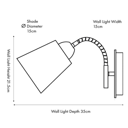 Black metal wall light with adjustable tapered linen shade and natural wood plate – modern bedside reading light Dimensions| Click Style