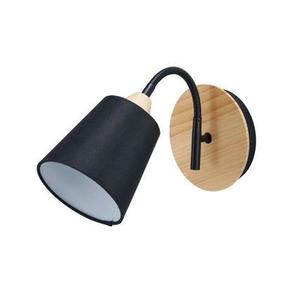 Black metal wall light with adjustable tapered linen shade and natural wood plate – modern bedside reading light | Click Style
