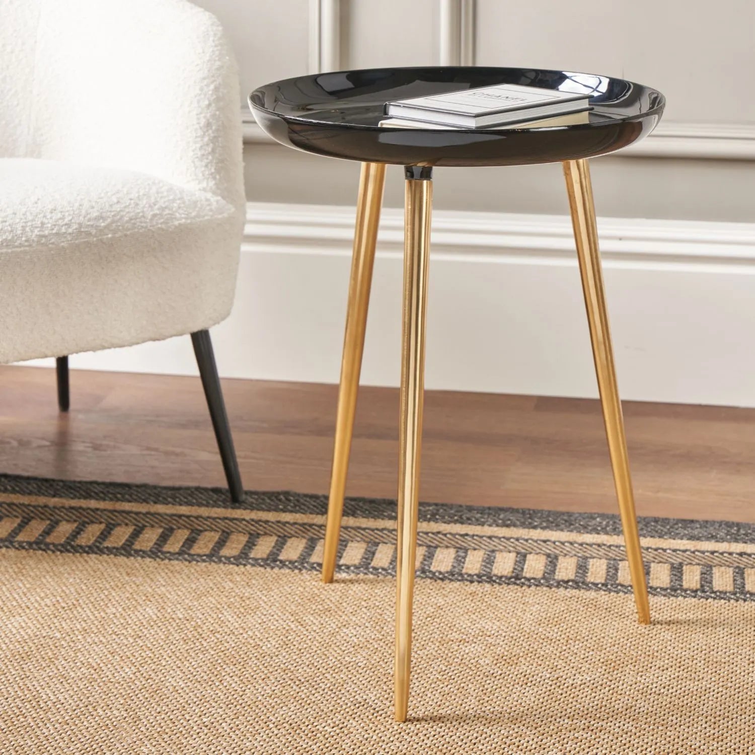 Black Round Tripod Enamel Side Table with Gold Metal Legs – Modern Accent Table 58x44x44cm - Click Style