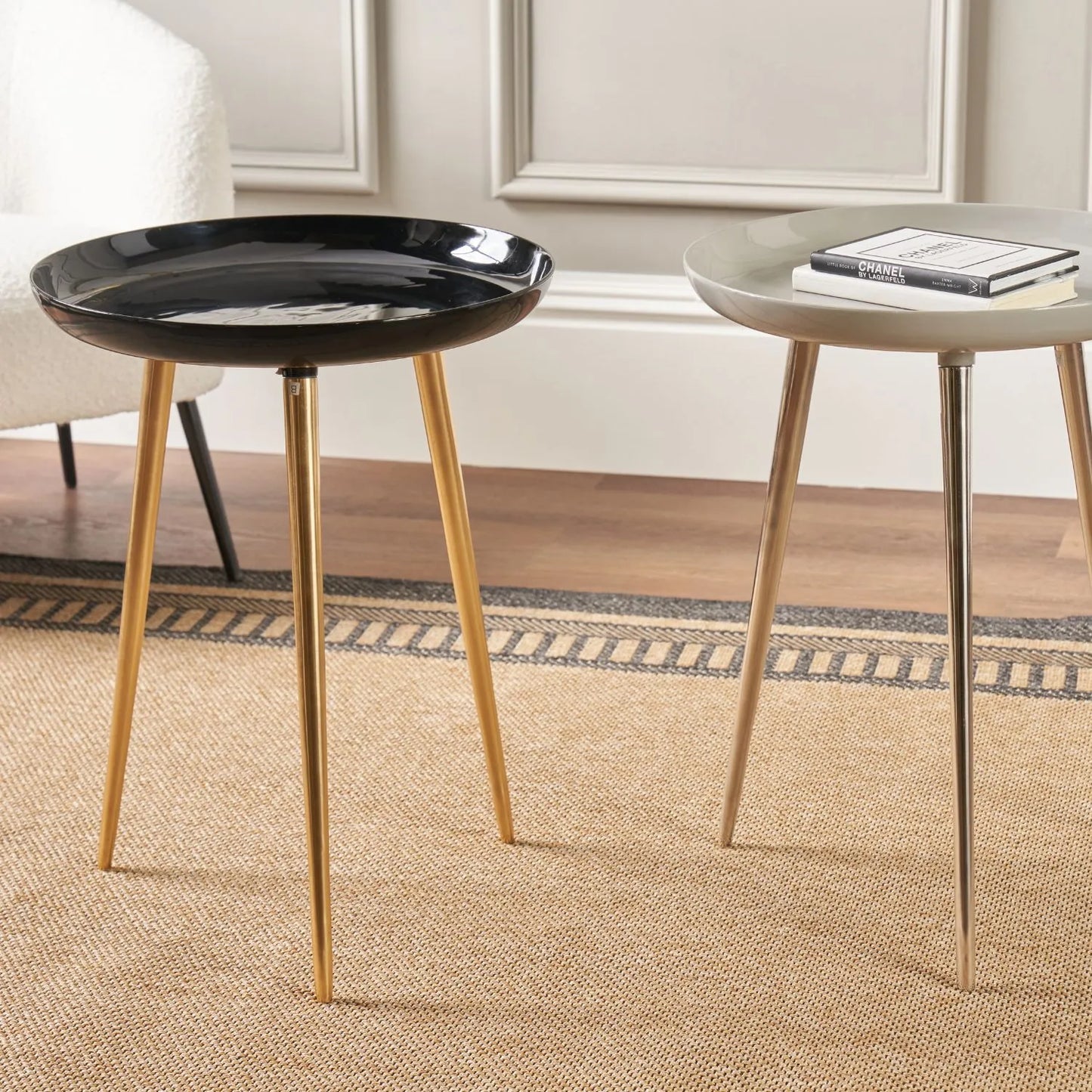 Black Round Tripod Enamel Side Table with Gold Metal Legs – Modern Accent Table 58x44x44cm - Click Style