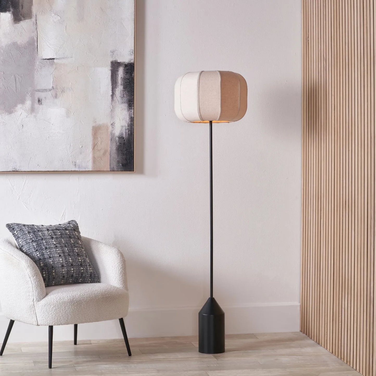 Black Sculptural Metal Floor Lamp with Structured Natural Linen Rounded Squat Shade – Contemporary Cream & Black Freestanding Floor Lamp 157x41x41cm | Click Style