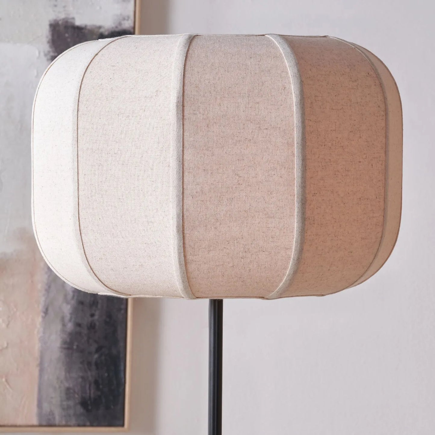 Black Sculptural Metal Floor Lamp with Structured Natural Linen Rounded Squat Shade – Contemporary Cream & Black Freestanding Floor Lamp 157x41x41cm | Click Style