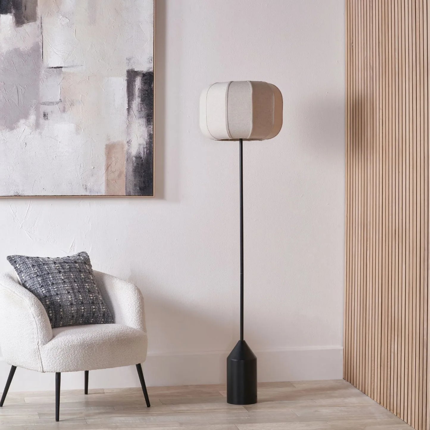 Black Sculptural Metal Floor Lamp with Structured Natural Linen Rounded Squat Shade – Contemporary Cream & Black Freestanding Floor Lamp 157x41x41cm | Click Style