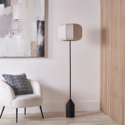 Black Sculptural Metal Floor Lamp with Structured Natural Linen Rounded Squat Shade – Contemporary Cream & Black Freestanding Floor Lamp 157x41x41cm | Click Style
