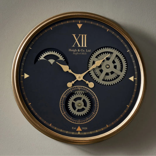 Black & Champagne Gold Round Metal Wall Clock – Decorative Cog & Gear Design with Roman Numerals 50x50x9.5cm - Click Style
