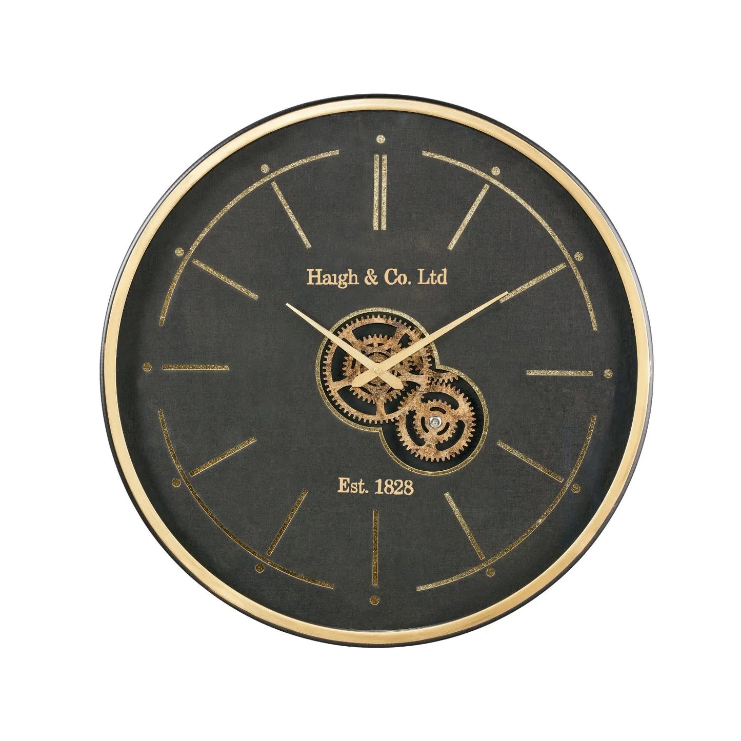 Black & Champagne Gold Round Wooden Wall Clock with Moving Cog Design Baton & Dot Markers 60x7cm - Click Style