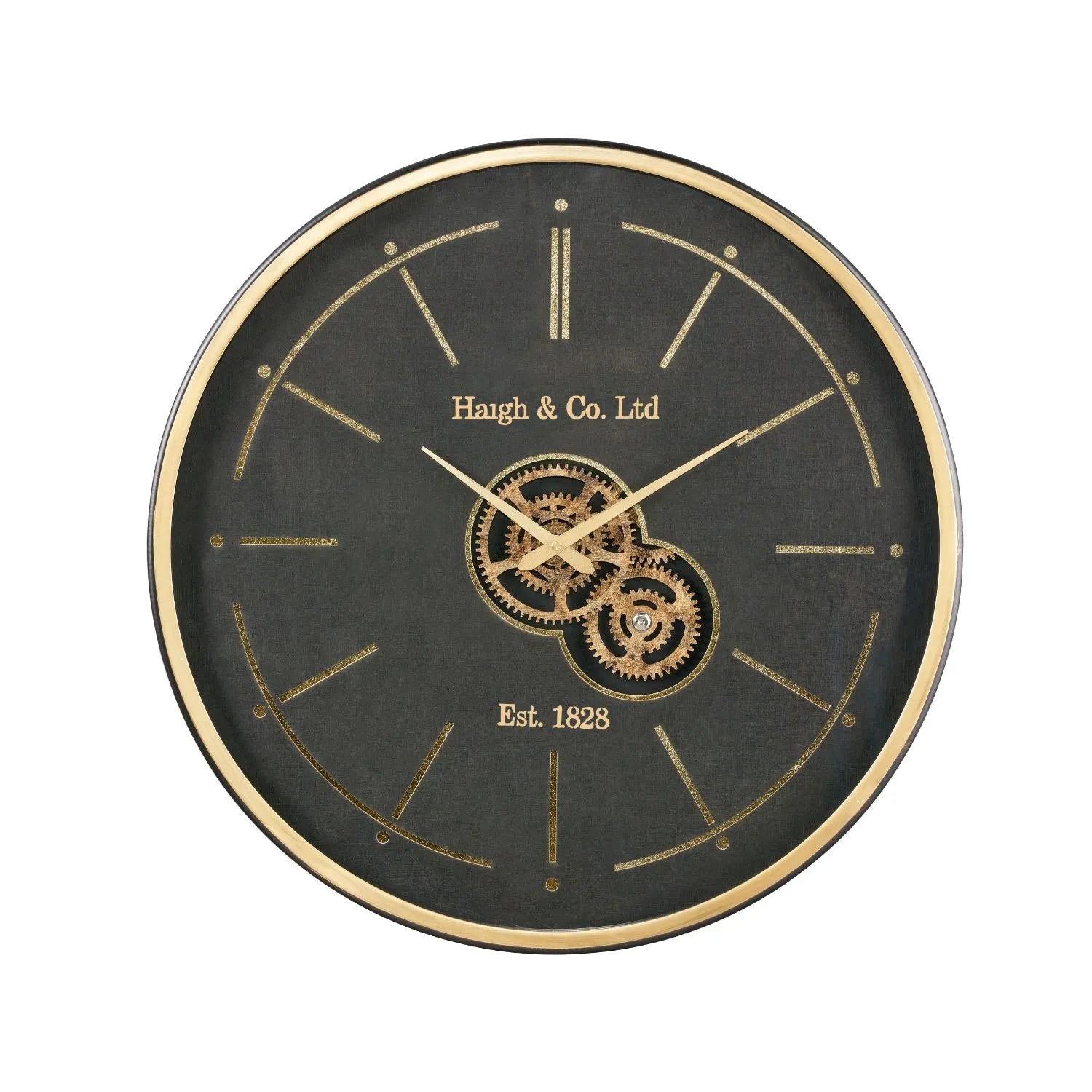 Black & Champagne Gold Round Wooden Wall Clock with Moving Cog Design Baton & Dot Markers 60x7cm - Click Style