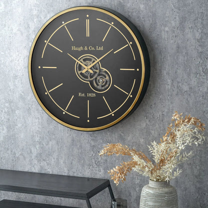 Black & Champagne Gold Round Wooden Wall Clock with Moving Cog Design Baton & Dot Markers 60x7cm - Click Style