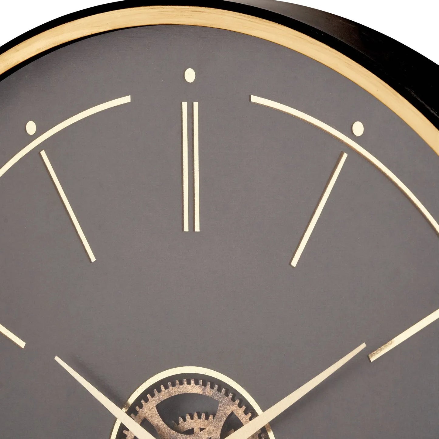 Black & Champagne Gold Round Wooden Wall Clock with Moving Cog Design Baton & Dot Markers 60x7cm - Click Style