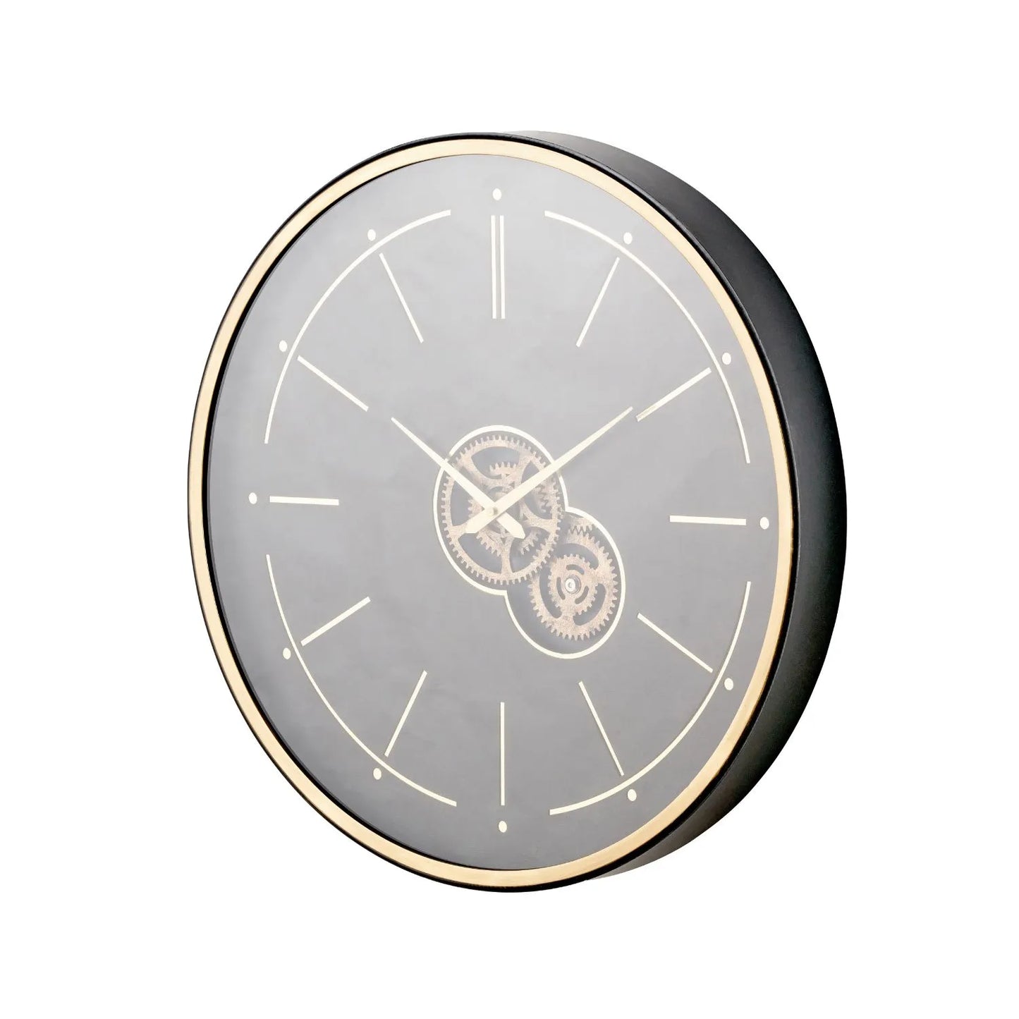 Black & Champagne Gold Round Wooden Wall Clock with Moving Cog Design Baton & Dot Markers 60x7cm - Click Style