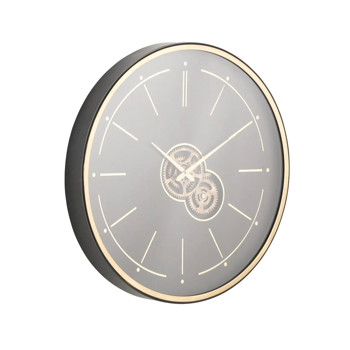 Black & Champagne Gold Round Wooden Wall Clock with Moving Cog Design Baton & Dot Markers 60x7cm - Click Style