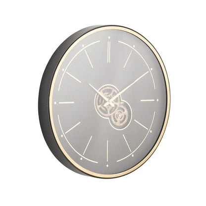 Black & Champagne Gold Round Wooden Wall Clock with Moving Cog Design Baton & Dot Markers 60x7cm - Click Style