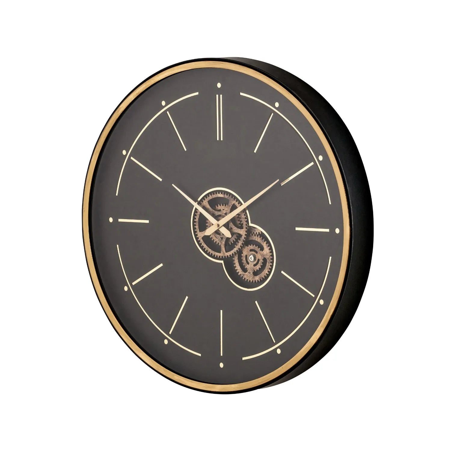 Black & Champagne Gold Round Wooden Wall Clock with Moving Cog Design Baton & Dot Markers 60x7cm - Click Style