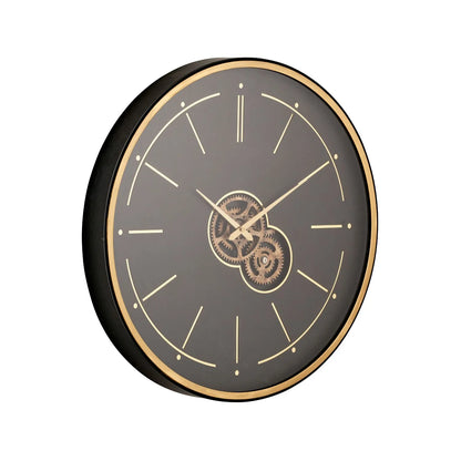 Black & Champagne Gold Round Wooden Wall Clock with Moving Cog Design Baton & Dot Markers 60x7cm - Click Style