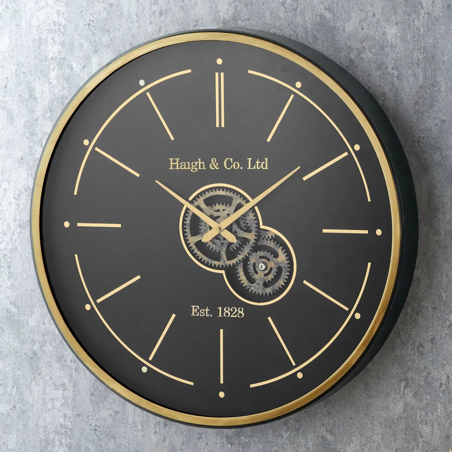 Black & Champagne Gold Round Wooden Wall Clock with Moving Cog Design Baton & Dot Markers 60x7cm - Click Style