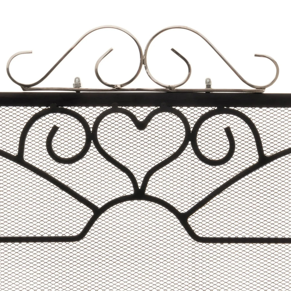 Black & Chrome 3 Panel Folding Firescreen with Decorative Scrollwork – Metal Fireplace Fire Guard 65x98x23cm close-up showing chrome top and black scrollwork detail | Click Style