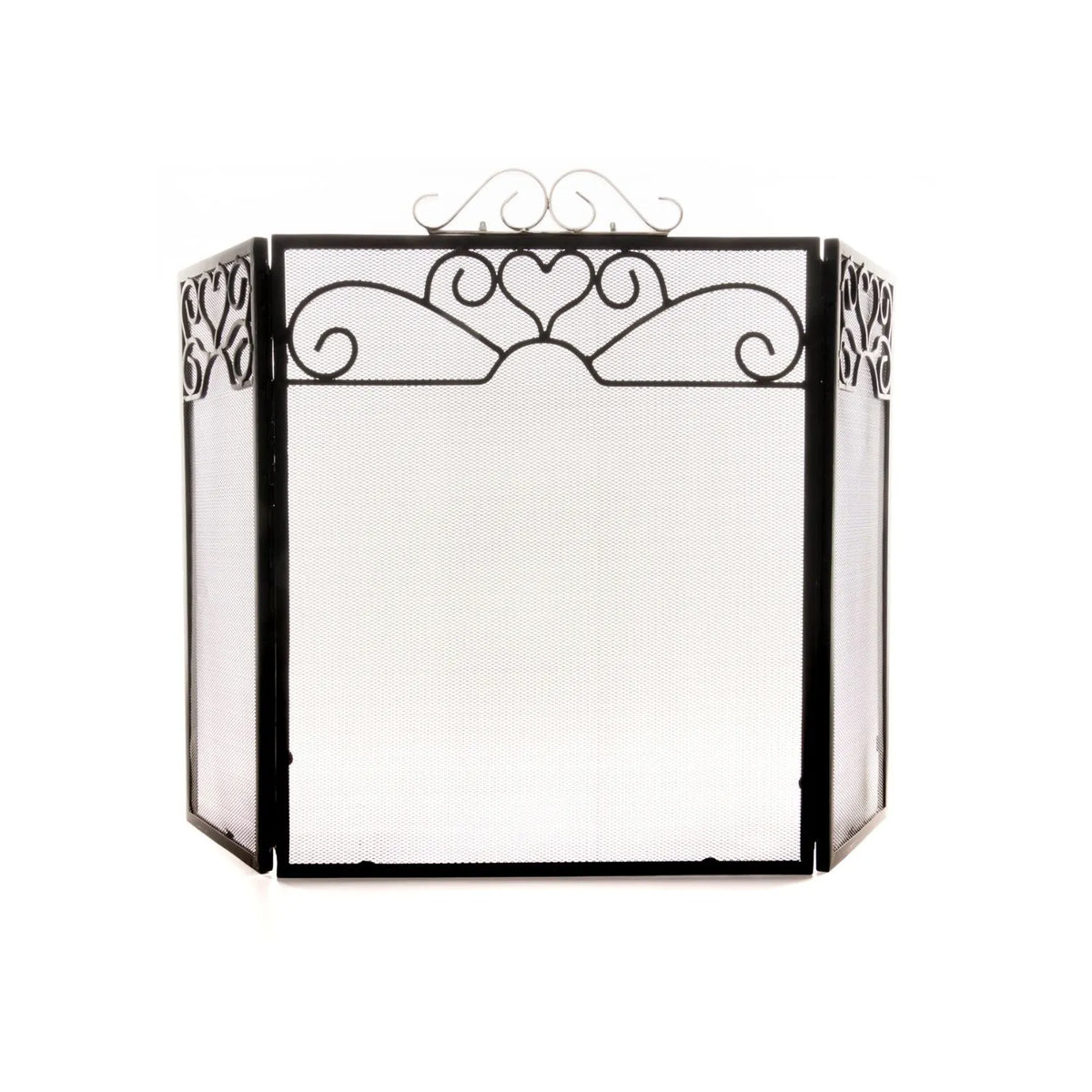 Black & Chrome 3 Panel Folding Firescreen with Decorative Scrollwork – Metal Fireplace Fire Guard 65x98x23cm showing three-panel mesh design | Click Style