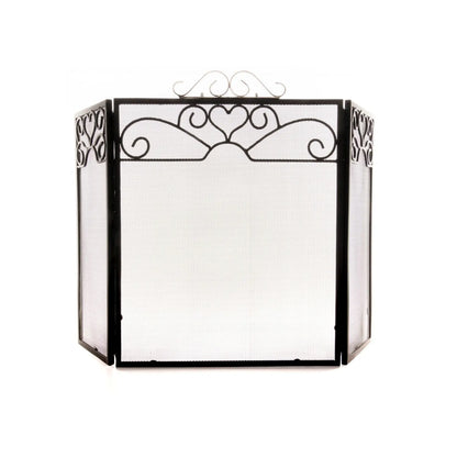 Black & Chrome 3 Panel Folding Firescreen with Decorative Scrollwork – Metal Fireplace Fire Guard 65x98x23cm showing three-panel mesh design | Click Style
