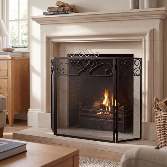 Black & Chrome 3 Panel Folding Firescreen with Decorative Scrollwork – Metal Fireplace Fire Guard 65x98x23cm styled in front of a stone fireplace | Click Style